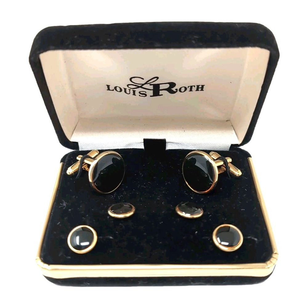 VTG Louis Roth Cufflinks & Shirt Studs Set Gold Tone Black Tuxedo Formal Wedding